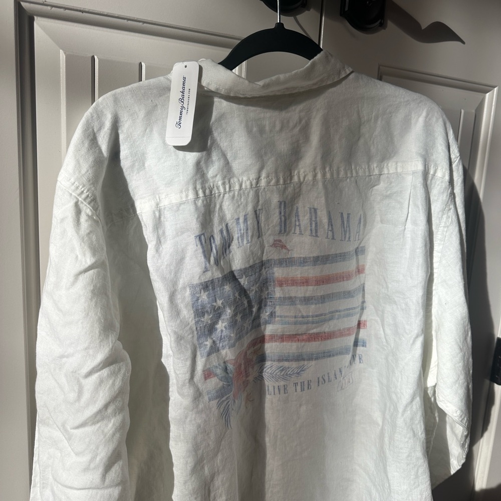 Tommy Bahama White Linen  Shirt star spangled Bahama Long sleeve NEW w/ tags